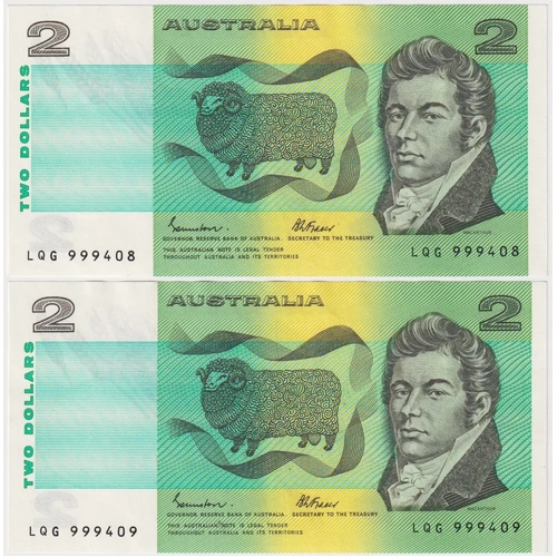 1985 $2 Note Pair LQG Last Prefix - Last 1,000 Johnston/Fraser R89L about Unc