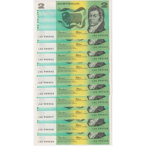 1985 $2 Note Consecutive Run of 10 LQG Last Prefix Johnston/Fraser R89L about Unc