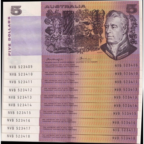 1976 $5 Note Consecutive Run of 10 Gothic Serials Side Thread Knight/Wheeler R206B About Uncirculated