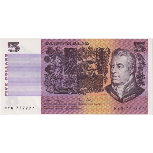 1979 $5 Note Knight/Stone R207 good EF - Solid Serial Number NYQ 777777