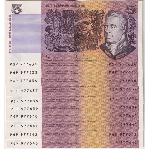 1983 $5 Note Consecutive Run of 10 Johnston/Stone R208 about Uncirculated