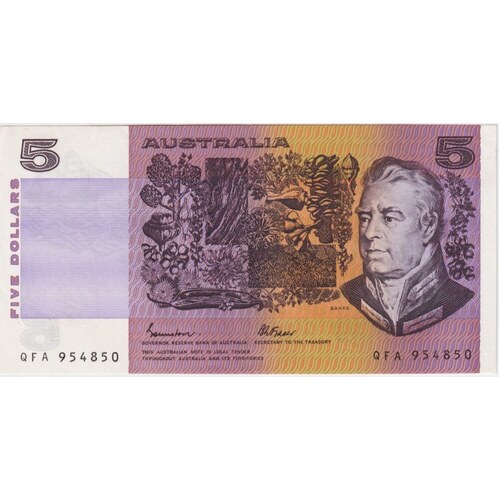 1985 $5 Note OCR-B Johnston/Fraser QFA Last Prefix R209aL about Uncirculated