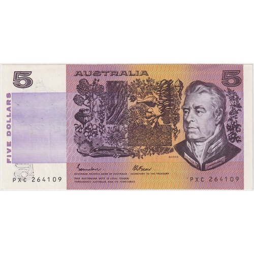 1985 $5 Note OCR-B Serials Side Thread Johnston/Fraser Wet Ink Transfer Error R209A Extremely Fine