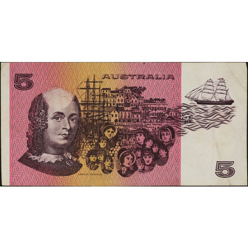 1985 $5 Note Print Obstruction Error OCR-B Serials Side Thread Johnston/Fraser R209A good VF