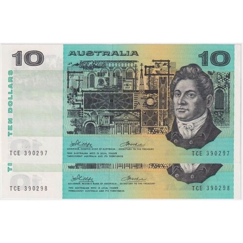 1974 $10 Note Consecutive Pair Australia Phillips/Wheeler R305 about Unc