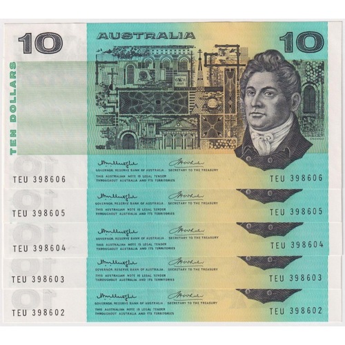 1976 $10 Note Run of 5 Gothic Centre Knight/Wheeler R306A about Unc