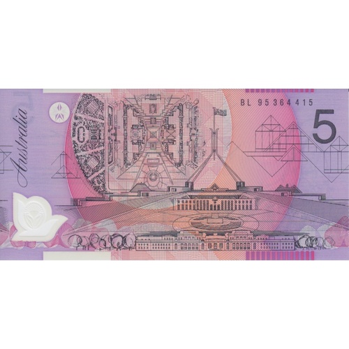 1995 $5 Note Recoloured Wide Orientation Bands Fraser/Evans R217a Uncirculated