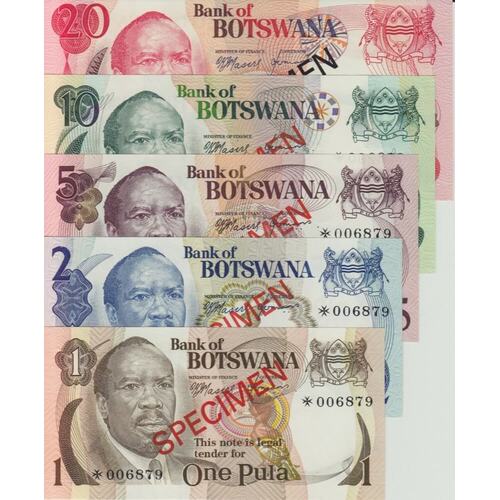 1978 Botswana Five Note Specimen Set Pick Cs1 Unc