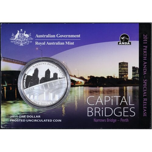 2011 Silver One Dollar Frosted Unc Coin Capital Bridges - Perth Narrows