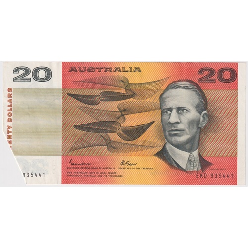 1985 $20 Note OCR-B Serials Side Thread Flap Error Johnston/Fraser R409A about EF