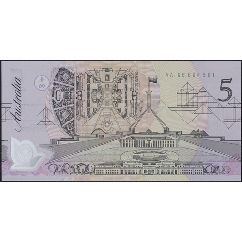 1992 $5 Note Fraser/Cole Pale Green Serials R214i Uncirculated