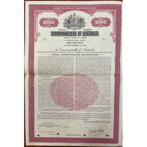 Australia 1959 1000 Dollar Unissued Commonwealth Treasury Bond