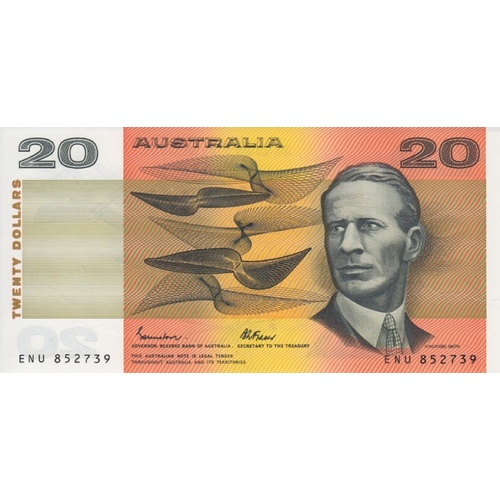 1985 $20 Note OCR-B Serials Side Thread Johnston/Fraser R409A Uncirculated