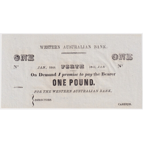 Western Australian Bank 1844 Unissued One Pound Uncirculated