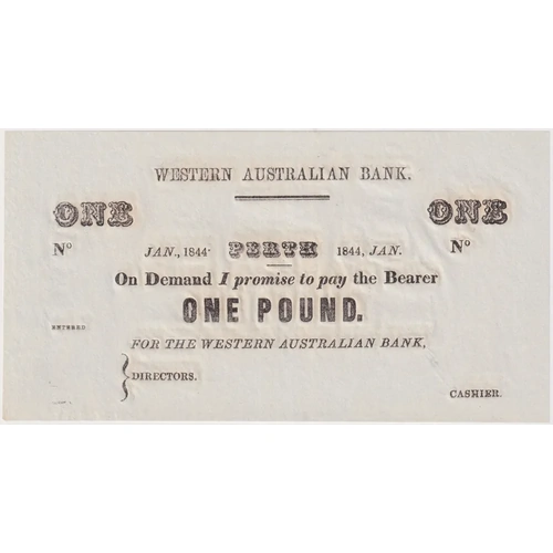 Western Australian Bank 1844 Type I Unissued One Pound Note Uncirculated