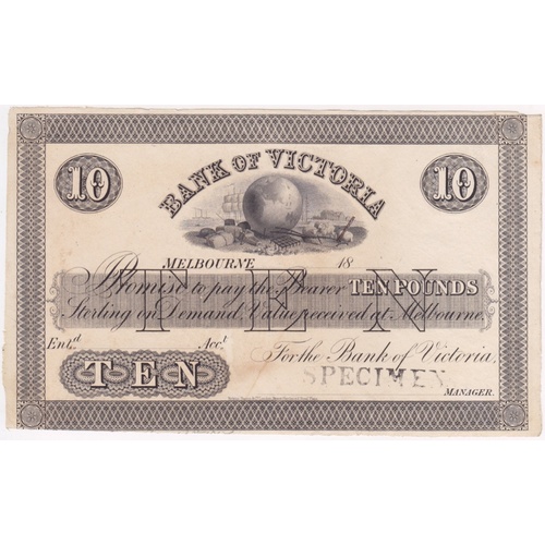 Bank of Victoria (Melbourne) ca 1853 10 Pounds Unissued Printer's Proof MVR# 1 about Unc