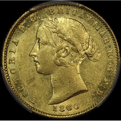 1860 Sydney Mint Type II Half Sovereign Overdate about Unc (PCGS AU58)