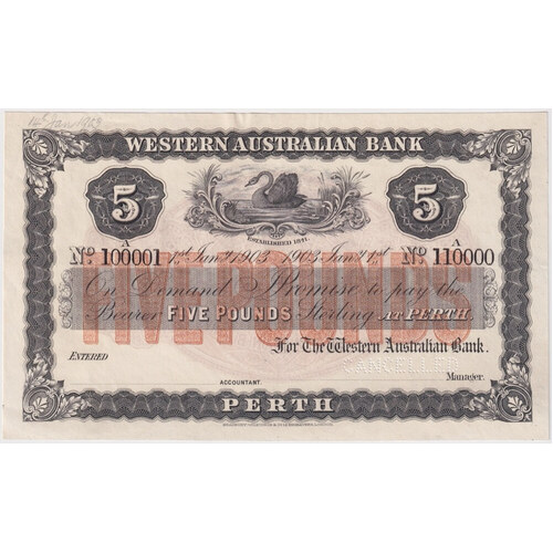 Western Australian Bank (Perth) 1903 Five Pounds Unissued Specimen Note MVR#3 Uncirculated