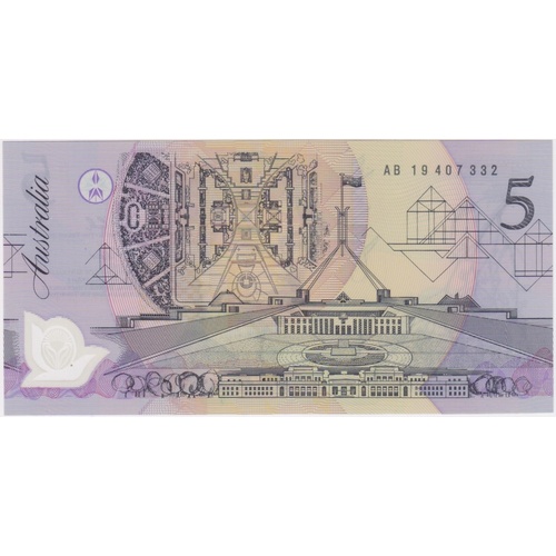 1992 $5 Note Fraser/Cole AB19 Last Prefix R214L (Dark Green Serials) Uncirculated