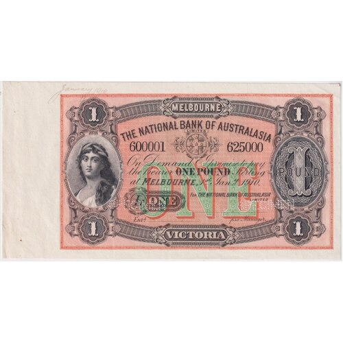 National Bank of Australasia (Melbourne) 1910 One Pound Unissued Specimen Note MVR# 4m GEF