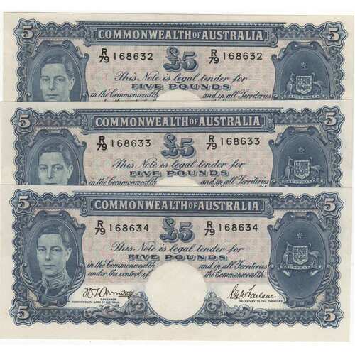 1942 Five Pound Consecutive Trio Armitage/McFarlane R46 Uncirculated