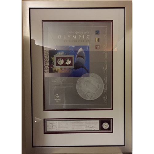 Sydney 2000 Olympic Silver One Ounce Proof Coin in Frame - Great White Shark and Coral