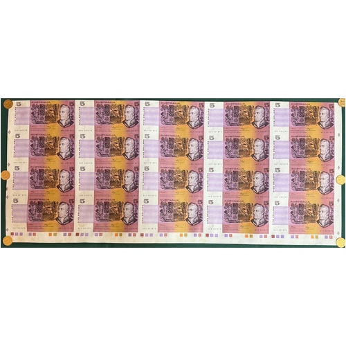 1990 5 Dollar Uncut Half Sheet of 20 Notes Fraser Higgins