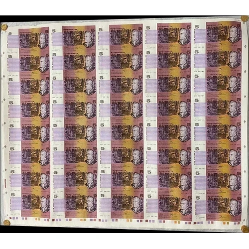 1990 5 Dollar Uncut Sheet of 40 Paper Notes Fraser Higgins
