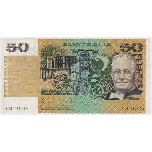 1985 $50 Note Gothic Serials Side Thread Johnston/Fraser Missing Intaglio Error R509A Very Fine