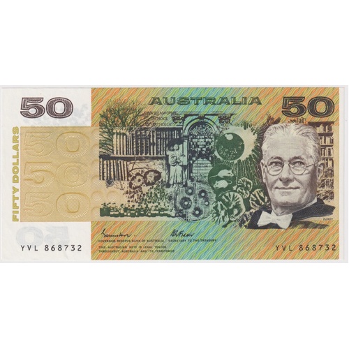 1988 $50 Note OCR-B Serials Side Thread Johnston/Fraser R509B Uncirculated