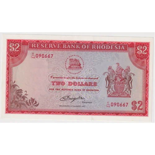 Rhodesia 1977 2 Dollars Rhodes Watermark Pick#31B Uncirculated