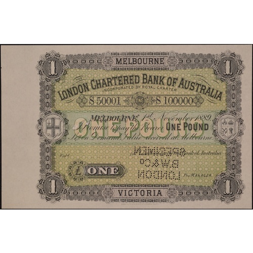 London Chartered Bank of Australia (Sydney) 1889 1 Pound Unissued Specimen Note MVR# 2d Uncirculated
