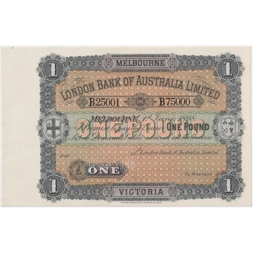 London Bank of Australia (Melbourne) 1898 1 Pound Unissued Specimen Note MVR# 2g Uncirculated