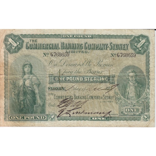 Commercial Bank of Sydney 1907 1 Pound Issued Note MVR# 5b Fine