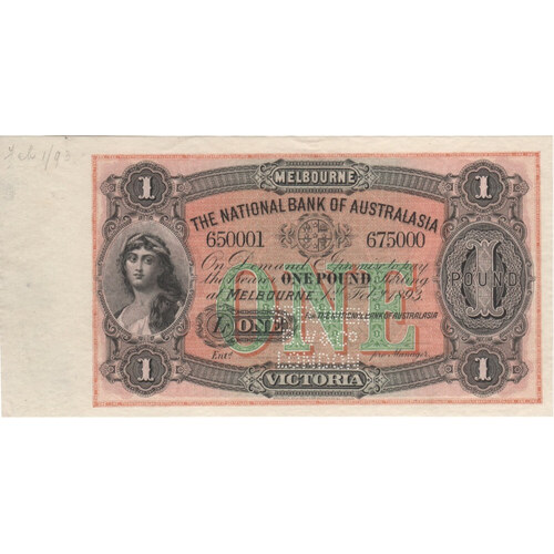 National Bank of Australasia (Melbourne) 1893 One Pound Unissued Specimen Note MVR# 4m Uncirculated