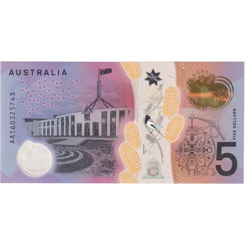 2016 $5 Note Stevens / Fraser AA16 First Prefix R224F Uncirculated