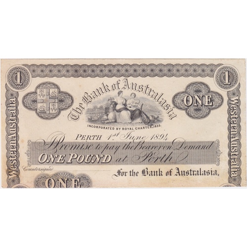 Bank of Australasia (Perth) 1894 1 Pound Unissued Printer's Proof MVR# 2b good VF