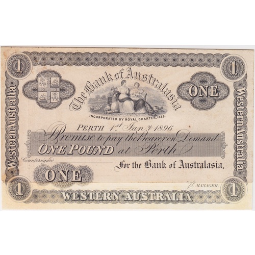 Bank of Australasia (Perth) 1896 1 Pound Unissued Printer's Proof MVR# 2b good VF