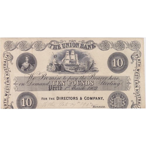 Union Bank of Australia (Perth) 1902 5 Pounds Unissued Printer's Proof MVR# 2a good VF