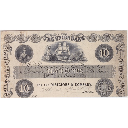 Union Bank of Australia (Perth) 1898 10 Pounds Unissued Printer's Proof MVR# 2a good VF