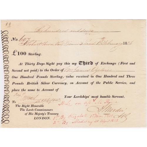 Van Diemen's Land Commissariat Office Bill of Exchange 1828 Affleck Moodie for One Hundred Pounds