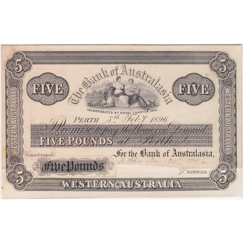 Bank of Australasia (Perth) 1896 5 Pounds Unissued Printer's Proof MVR# 2c good VF