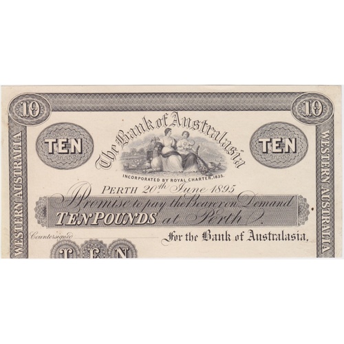 Bank of Australasia (Perth) 1895 10 Pounds Unissued Printer's Proof MVR# 2c good VF