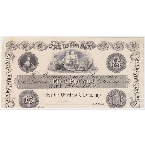 Union Bank of Australia (Perth) 1892 5 Pounds Unissued Printer's Proof MVR# 2b good VF