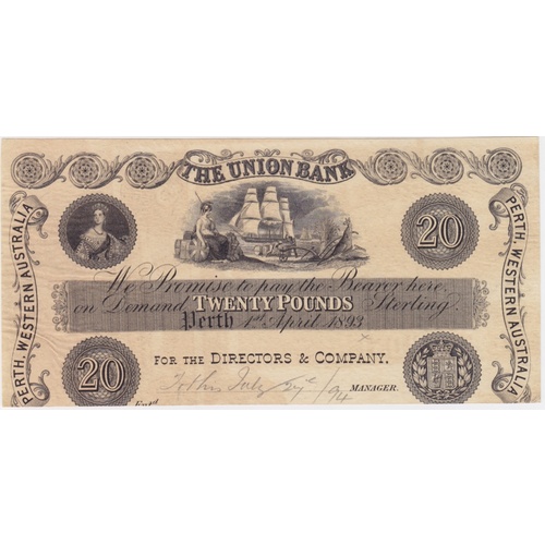 Union Bank of Australia (Perth) 1893 20 Pounds Unissued Printer's Proof MVR# 2b good VF