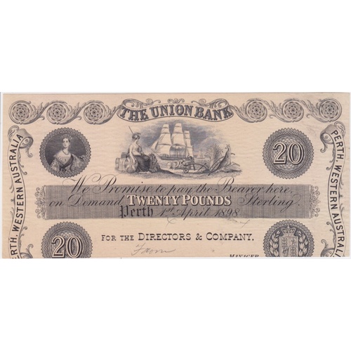 Union Bank of Australia (Perth) 1898 20 Pounds Unissued Printer's Proof MVR# 2b good VF