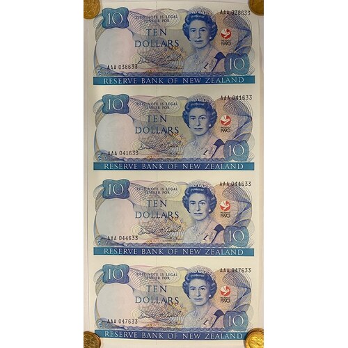 New Zealand 1990 10 Dollars Uncut Strip of 4 Notes  Pick#176 cf Uncirculated Commemorative