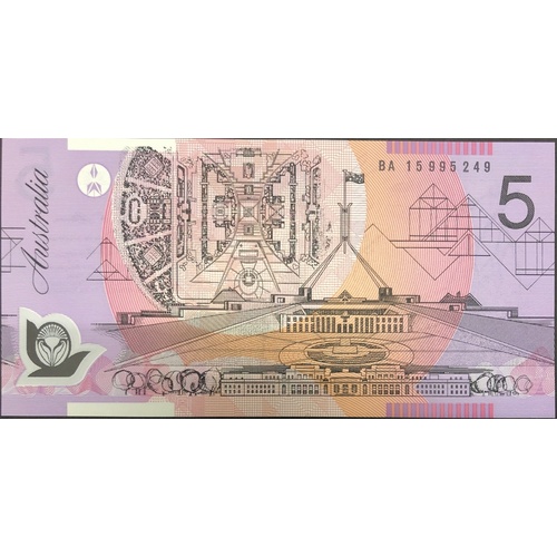 2015 $5 Note Stevens / Fraser BA15 First Prefix R223F Uncirculated