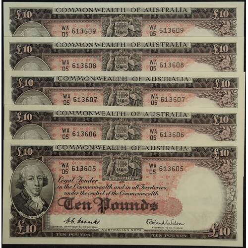 1954 Ten Pound Consecutive Run of 5 Notes Coombs/Wilson R62 about Unc