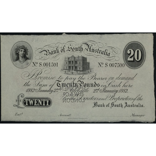 Bank of South Australia (Adelaide) 1882 20 Pounds Unissued Specimen Note MVR# 3a Uncirculated